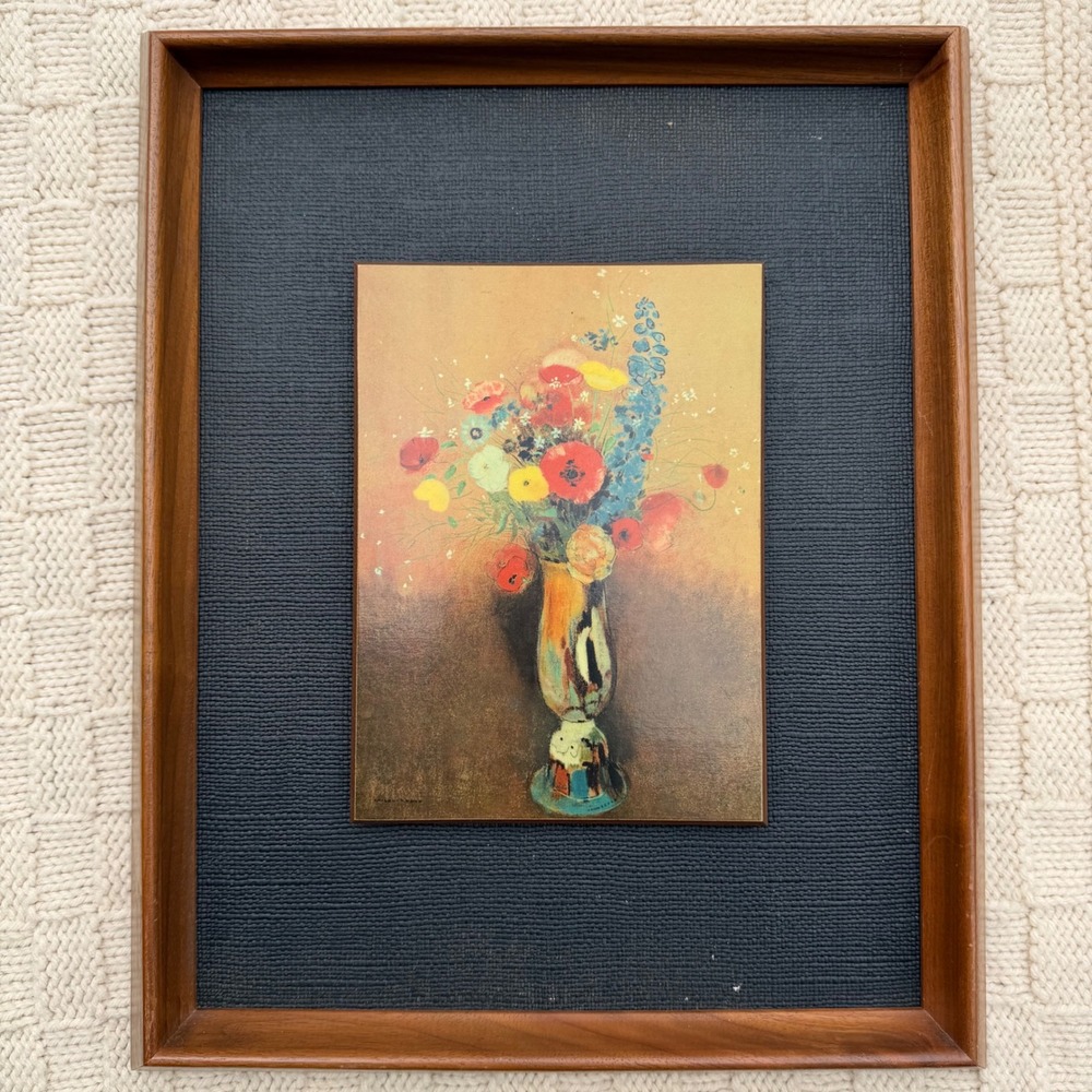 Vintage Odilon Redon Vase of Flowers 3D Shadow Box Framed Print Walnut MCM Art